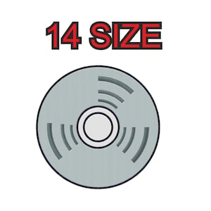 May include: A gray vinyl record with a black center and grooves. The text "14 SIZE" is written in red above the record.