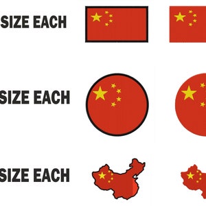 Peut inclure: Un ensemble de six patchs de drapeau chinois rouge et jaune, cinq cercles de drapeau chinois rouge et jaune et un contour de pays de drapeau chinois rouge et jaune. Le texte "6 SIZE EACH", "5 SIZE EACH" et "1 SIZE EACH" est affiché à gauche de chaque ensemble de patchs.