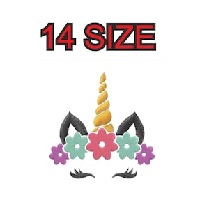 Peut inclure: Broderie représentant une tête de licorne avec une corne dorée en spirale et une couronne de fleurs. Les fleurs sont roses, violettes et turquoise. La licorne a des oreilles et des cils noirs.