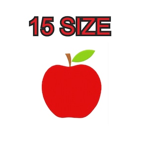 Pode incluir: Maçã vermelha com uma folha verde e um caule castanho. O texto "15 SIZE" está acima da maçã.