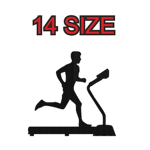 Puede incluir: Silueta de una persona corriendo en una cinta de correr negra. El texto "14 SIZE" está por encima de la cinta de correr.