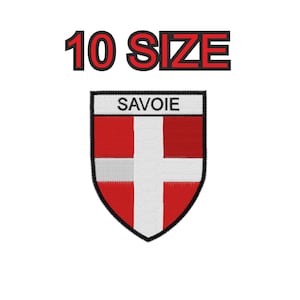 Peut inclure: Patch brodé avec le texte "SAVOIE" et une croix rouge et blanche sur un fond en forme de bouclier.