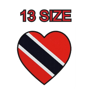 Peut inclure: Un cœur rouge avec une bande diagonale noire et blanche, représentant le drapeau de Trinité-et-Tobago. Le texte "13 SIZE" est au-dessus du cœur.