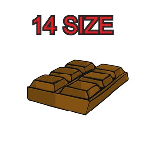 May include: A brown chocolate bar with 14 squares, each with a slightly raised edge. The bar is broken into two pieces, with one piece slightly overlapping the other.