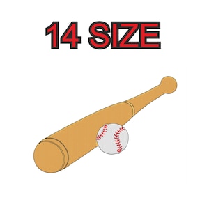 Peut inclure: Une batte de baseball en bois brun avec une balle de baseball blanche avec des coutures rouges à l'extrémité. Le texte "14 SIZE" est au-dessus de la batte.