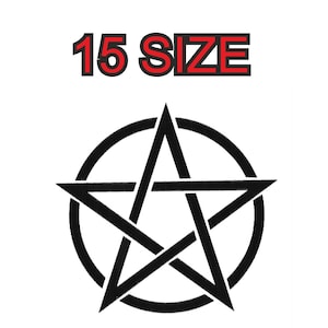 Op de afbeelding: Zwart-wit pentagram met een cirkel eromheen. Het pentagram is een vijfpuntige ster met de punten naar buiten gericht. De cirkel is een doorlopende zwarte lijn. De afbeelding is gelabeld met "15 SIZE".
