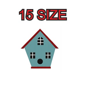 Peut inclure: Une maisonnette bleue pour oiseaux avec un toit rouge et des fenêtres noires. Le texte "15 SIZE" est au-dessus de la maisonnette.