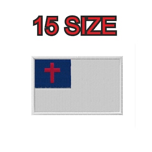 May include: White embroidered patch with a blue rectangle and a red cross. The text "15 SIZE" is above the patch.