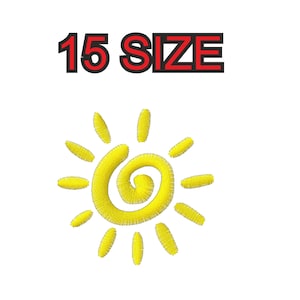 Pode incluir: Um sol amarelo com uma espiral no centro. O texto "15 SIZE" está acima do sol.