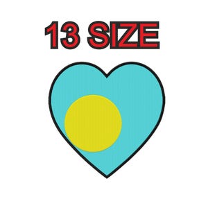 May include: A heart-shaped design with a blue background and a yellow circle in the center. The text "13 SIZE" is above the heart.