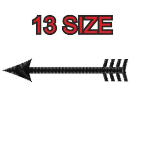 Peut inclure: Flèche noire pointant vers la gauche avec le texte "13 SIZE" en lettres rouges avec un contour noir.