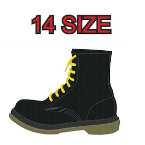 Peut inclure: Bottes en cuir noir avec des lacets jaunes. Les bottes ont une semelle épaisse et une pointe arrondie. Le texte "14 SIZE" est affiché au-dessus des bottes.
