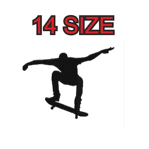 Könnte beinhalten: Silhouette einer Person beim Skateboarden, mit dem Text "14 SIZE" über dem Bild.
