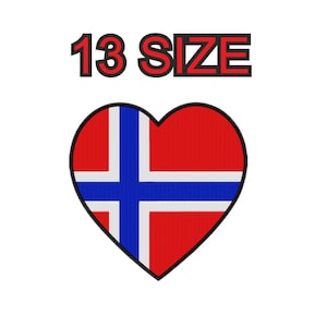 Könnte beinhalten: Ein rotes Herz mit dem Design der norwegischen Flagge. Der Text "13 SIZE" befindet sich über dem Herzen.