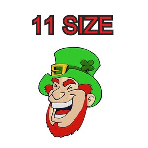 May include: A cartoon illustration of a leprechaun with a green hat, a red beard, and a big smile. The leprechaun is wearing a gold buckle on his hat and a shamrock.