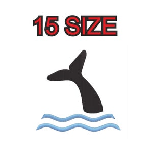 Peut inclure: Silhouette noire d'une queue de baleine avec des vagues bleues en dessous. Le texte "15 SIZE" est au-dessus de l'image.