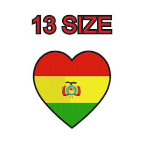 May include: A heart-shaped patch featuring the Bolivian flag design, with red, yellow, and green horizontal stripes. The patch has a black border and the text "13 SIZE" in red letters.