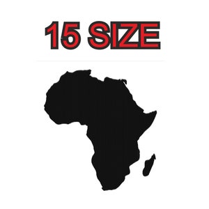 May include: Black silhouette of the continent of Africa with the text "15 SIZE" in red letters above it.