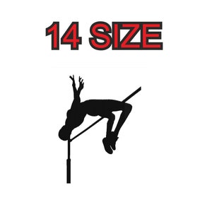May include: Silhouette of a person performing a high jump, clearing a bar set at 14 feet.