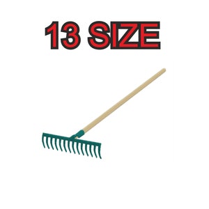 May include: A green metal rake with a wooden handle. The rake has 13 tines and is 13 size.