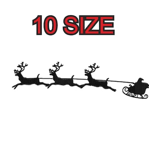 Peut inclure: Silhouette noire de Père Noël dans un traîneau tiré par trois rennes. L'image comprend le texte "10 SIZE".