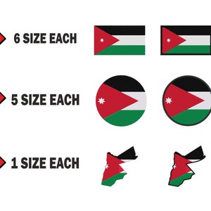 Peut inclure: Six tailles différentes du drapeau de la Jordanie, cinq tailles différentes d'un cercle avec le drapeau de la Jordanie, et une taille de chaque pour deux contours du pays de Jordanie avec le drapeau de la Jordanie à l'intérieur.