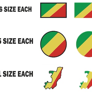 May include: Six different sizes of the flag of the Democratic Republic of the Congo, five different sizes of a circle with the flag of the Democratic Republic of the Congo, and two different sizes of the outline of the Democratic Republic of the Congo with the flag inside.
