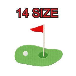 Peut inclure: Terrain de golf vert avec un drapeau rouge et une balle de golf blanche. Le texte "14 SIZE" est au-dessus du terrain de golf.