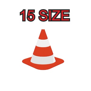 Peut inclure: Un cône de signalisation rouge et blanc avec le texte "15 SIZE" au-dessus.