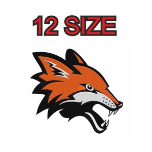 Könnte beinhalten: Ein roter und schwarzer Fuchs Kopf mit einer weißen Schnauze und Zähnen, mit dem Text "12 SIZE" darüber.