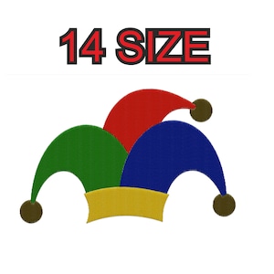 May include: A multi-coloured jester hat with a yellow brim and brown bobbles. The hat is red, green, and blue. 14 SIZE.