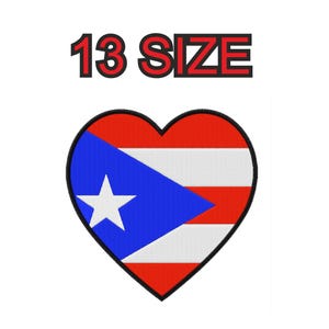 May include: A heart-shaped embroidered patch featuring the Puerto Rican flag design with red and white horizontal stripes, a blue triangle, and a white star. The text 13 SIZE is printed in black with a red outline above the heart-shaped patch.