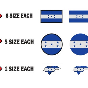 Peut inclure: Un graphique montrant différentes tailles d'autocollants du drapeau hondurien. Le texte "6 size each", "5 size each", et "1 size each" est affiché à côté de flèches pointant vers les différentes tailles d'autocollants.