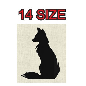 Peut inclure: Silhouette noire d'un renard assis sur un fond de lin beige. Le texte "14 SIZE" est au-dessus de l'image.