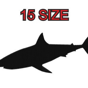 Può includere: Silhouette nera di uno squalo, con il testo "15 SIZE" sopra.