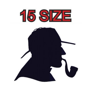 Peut inclure: Silhouette noire d'une personne portant un chapeau et fumant une pipe. Le texte "15 SIZE" est au-dessus de la silhouette.