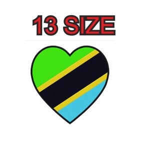 May include: A green, yellow, and blue heart-shaped design with a black diagonal stripe. The text "13 SIZE" is above the heart.
