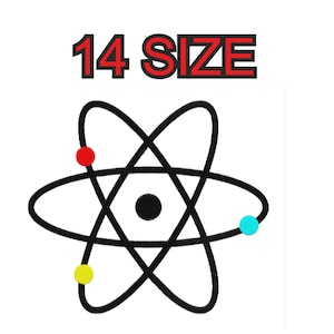 Peut inclure: Illustration en noir et blanc d'un atome avec un noyau noir et trois &eacute;lectrons en orbite, un rouge, un jaune et un bleu. Le texte "14 SIZE" est au-dessus de l'atome.