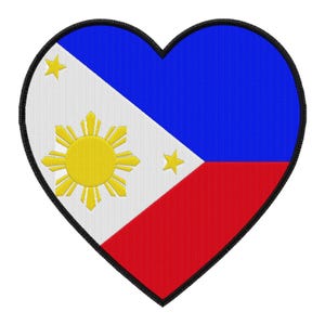 May include: Heart-shaped patch featuring the flag of the Philippines. The design includes a blue upper section, a red lower section, and a white triangle with a yellow sun and stars. The patch has a black border.