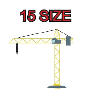 Op de afbeelding: Een gele bouwkraan met een zwart kabel en grijze details. De kraan staat op een witte achtergrond met de tekst "15 SIZE" in rood.