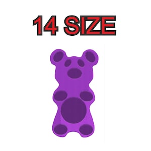 May include: A purple gummy bear design with a textured appearance. The text "14 SIZE" is displayed in red and black above the bear. The bear has a dark purple outline and details.