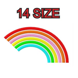 Peut inclure: Modèle de broderie arc-en-ciel avec 14 tailles différentes. L'arc-en-ciel est composé de rouge, orange, jaune, vert, bleu, indigo et violet.