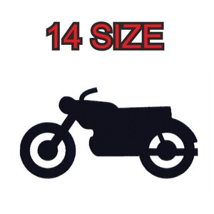 Peut inclure: Silhouette noire d'une moto avec 14 SIZE écrit au-dessus.