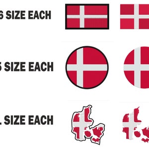 以下が含まれることがあります： デンマークの国旗のパッチが6つの異なるサイズ、デンマークの国旗の円が5つの異なるサイズ、デンマークの形をしたデンマークの国旗のアウトラインが1つのサイズあります。各パッチセットの横に「6 SIZE EACH」、「5 SIZE EACH」、「1 SIZE EACH」のテキストが表示されています。