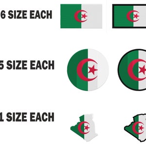 Puede incluir: Seis tamaños diferentes de la bandera de Argelia, cinco tamaños diferentes de un círculo con la bandera de Argelia y un tamaño de cada bandera de Argelia en forma de país. El texto "6 size each", "5 size each" y "1 size each" se muestra en el lado izquierdo de la imagen.