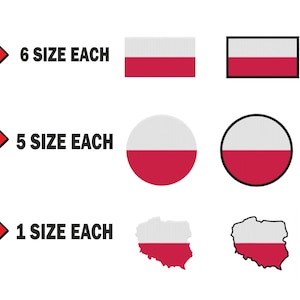 以下が含まれることがあります： ポーランド国旗のステッカーが6つの異なるサイズ、ポーランド国旗の円形ステッカーが5つの異なるサイズ、ポーランド国旗のアウトラインステッカーが1つのサイズです。
