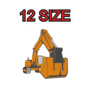 Peut inclure: Une excavatrice orange avec une cabine noire et un grand godet orange. L'excavatrice est en position de creusement, le godet relevé. L'image comprend le texte "12 SIZE".