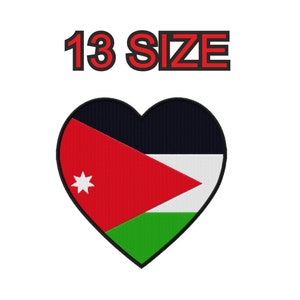 May include: A red, white, black, and green heart-shaped patch with the flag of Jordan. The text "13 SIZE" is above the heart.