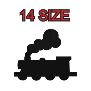 May include: Black silhouette of a train engine with smoke coming out of the chimney. The text "14 SIZE" is above the train.