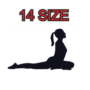 Peut inclure: Une silhouette noire d'une personne en position de yoga, avec le texte "14 SIZE" au-dessus de l'image.